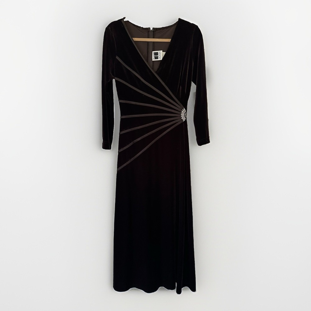 Tadashi formal dress XL evening gown Brown vneck Rhinestone long sleeve vtg